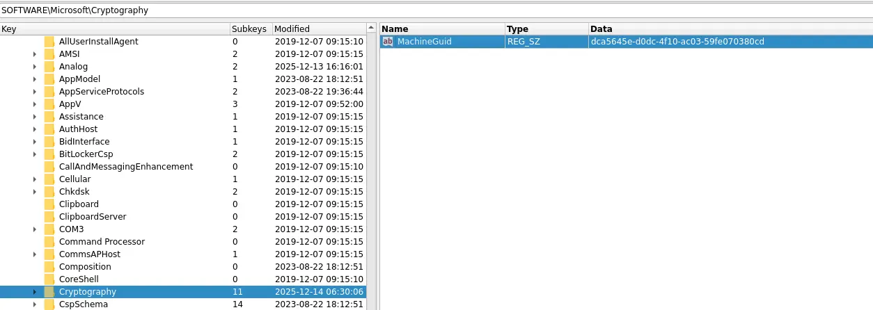The MachineGUID in the SOFTWARE hive